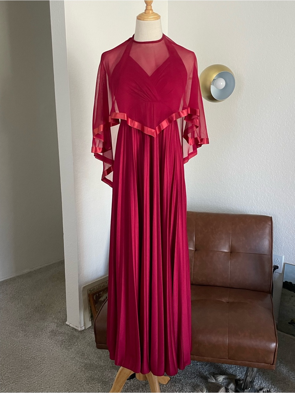 Vintage 1970s Party Glam Pleated Maxi Dress Sheer Cape 2-Piece Set